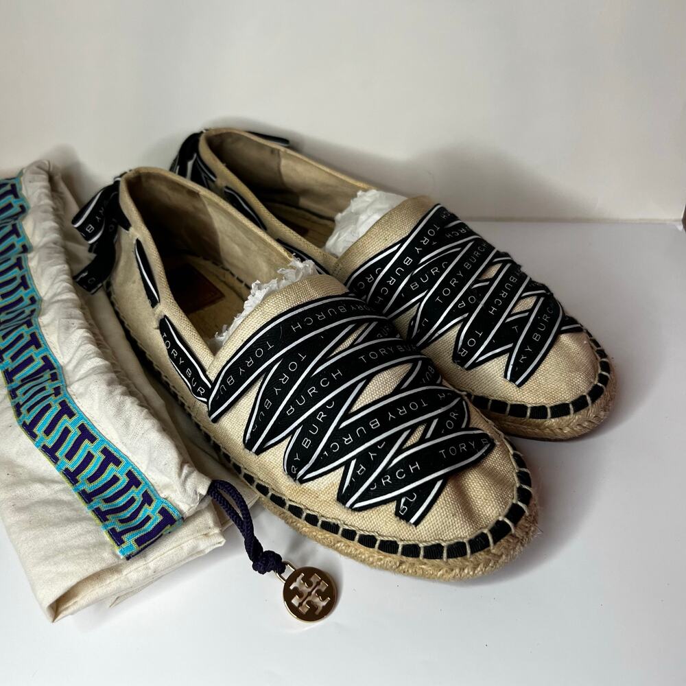 Tory Burch Ribbon Logo Grosgrain Espadrilles Flats cream canvas black ribbon 9